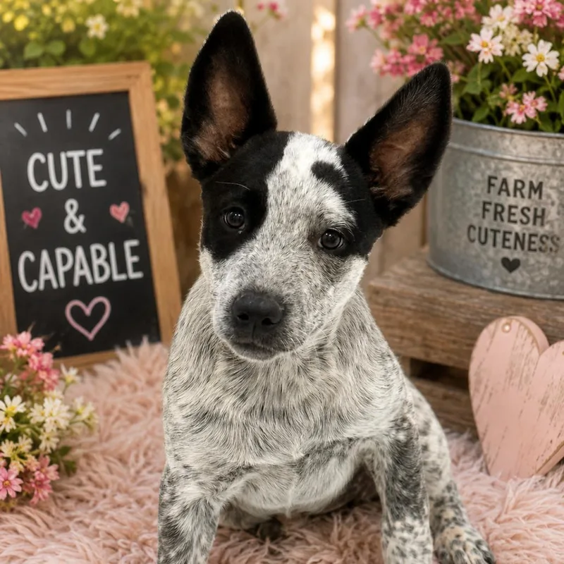 A baby medium-sized female Black Australian Cattle Dog / Blue Heeler dog named Lucy for adoption in Sacramento, CA