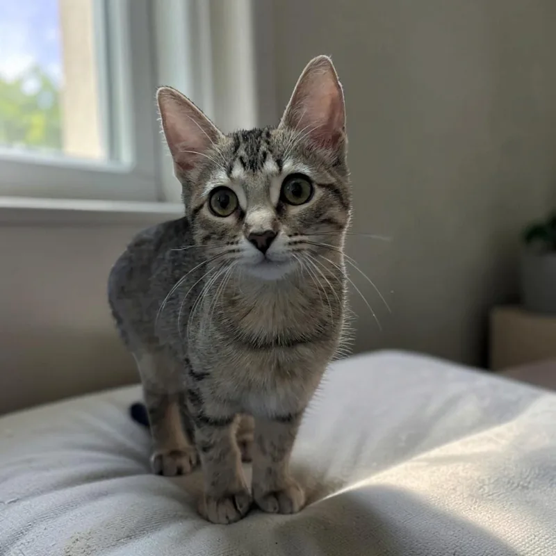 A baby medium-sized female Tabby (Buff / Tan / Fawn) Domestic Short Hair cat named Hershey Kiss for adoption in Fort Worth, TX