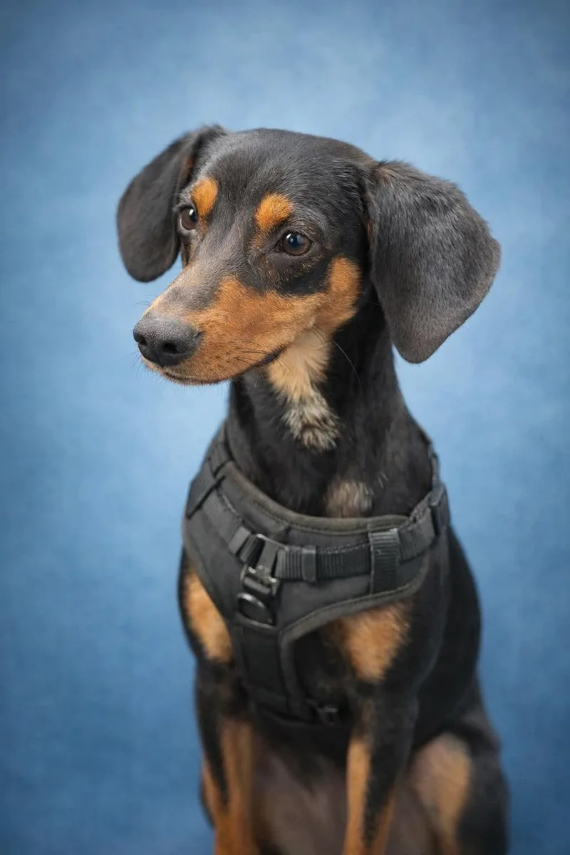 A young medium-sized male Miniature Pinscher dog named Gouda for adoption in New Baltimore, MI