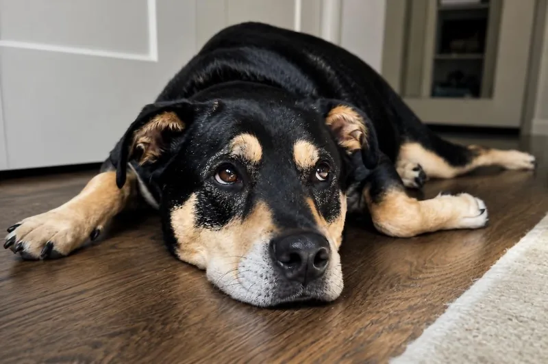 An adult large-sized male Rottweiler dog named Hancho for adoption in Princeton, MA