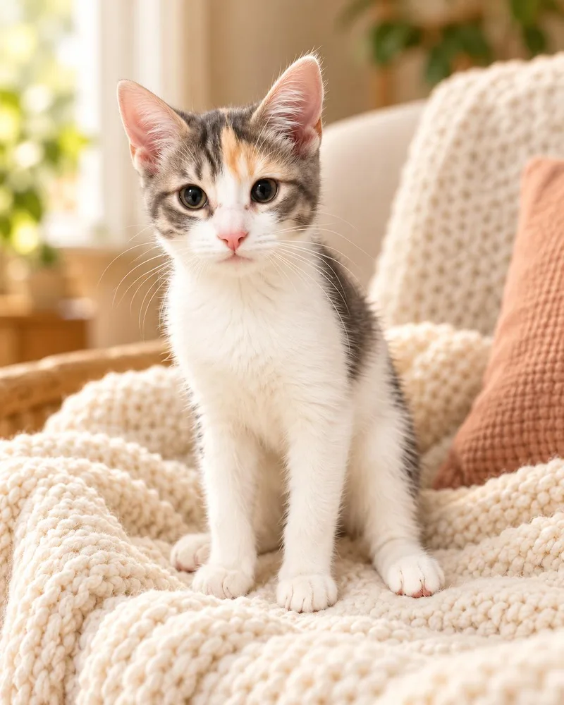 A baby medium-sized female Calico cat named Freya for adoption in Salamanca, NY
