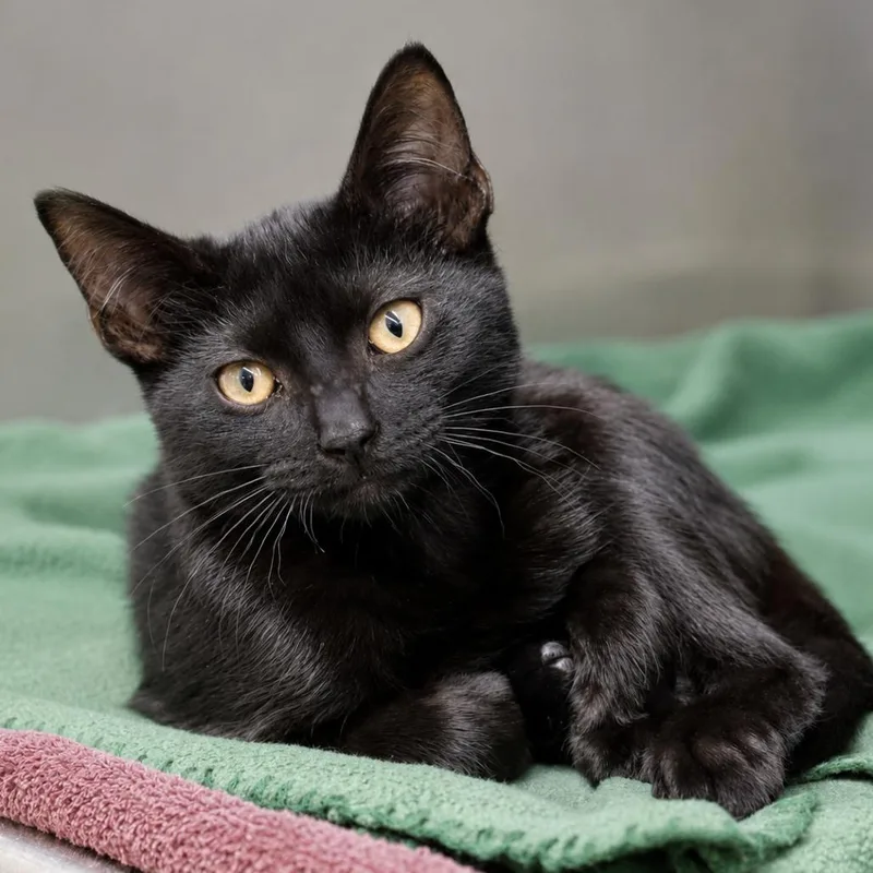 A baby small-sized male Black Domestic Short Hair cat named Strawberry Patch for adoption in Austin, TX