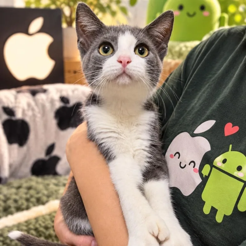 A baby small-sized male Gray / Blue / Silver Extra-Toes Cat / Hemingway Polydactyl cat named Apple for adoption in Quincy, OH