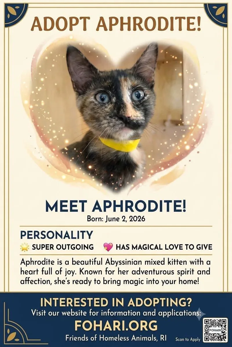 A baby small-sized female Abyssinian cat named Aphrodite OS C Nelson for adoption in Saunderstown, RI