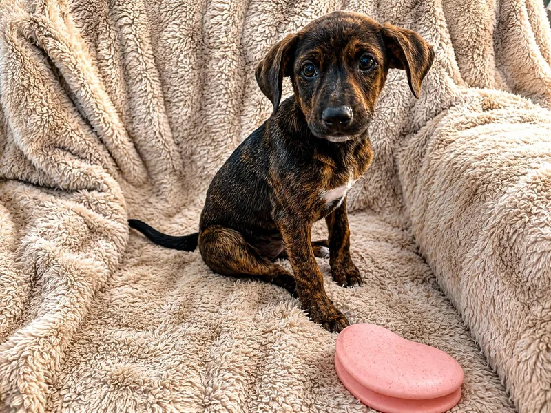 A baby medium-sized female Brindle Mixed Breed dog named Anna Nicole Smith for adoption in Kenosha, WI