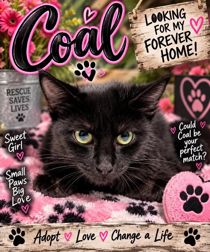 A young medium-sized female Black Domestic Short Hair cat named Coal for adoption in Shelbyville, TN
