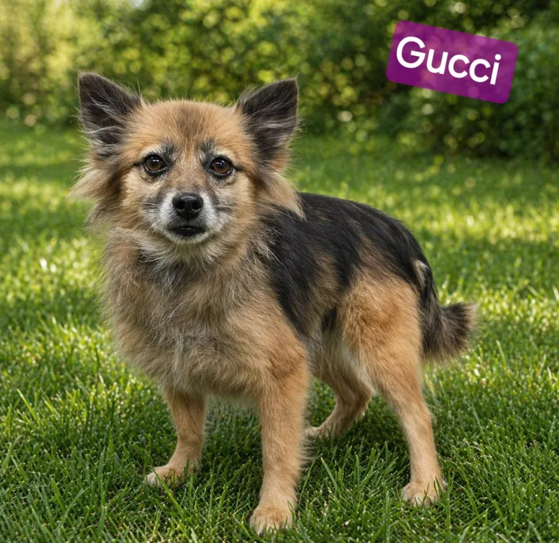 An adult small-sized female Bicolor Pomeranian dog named Gucci for adoption in Wheelersburg, OH