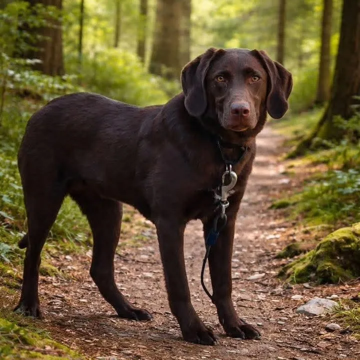 A young medium-sized female Chocolate Labrador Retriever dog named Cora for adoption in East Peoria, IL