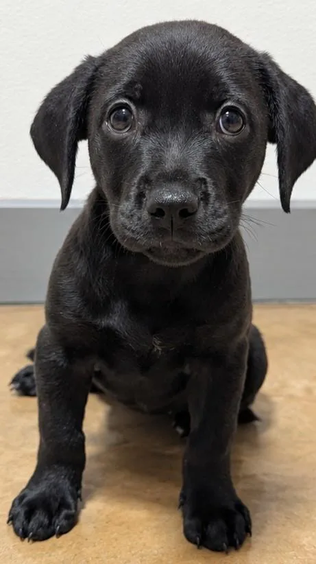 A baby medium-sized female Black Labrador Retriever dog named Pugsley for adoption in Jackson, GA