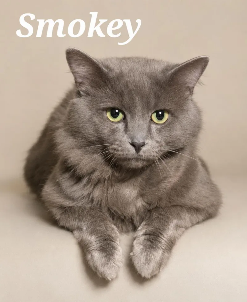 An adult medium-sized male Gray / Blue / Silver Domestic Medium Hair cat named Smokey for adoption in Cranberry Township, PA