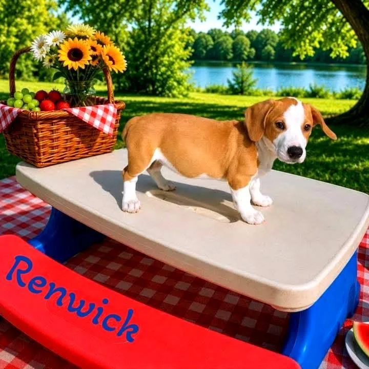 A baby medium-sized male Brown / Chocolate Mixed Breed dog named Renwick for adoption in Joliet, IL