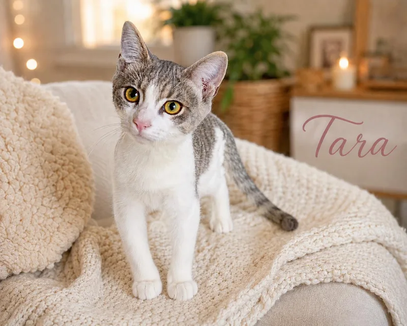 A baby small-sized female Gray & White Domestic Short Hair cat named Tara for adoption in Woodland Hills, CA