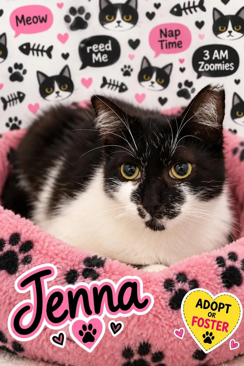 A young medium-sized female Black & White / Tuxedo Domestic Short Hair cat named Jenna for adoption in Greenville, DE