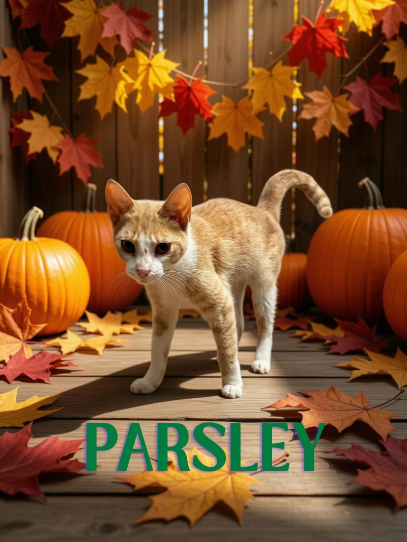 A young medium-sized female Cream / Ivory Domestic Short Hair cat named Parsley for adoption in Orleans, VT