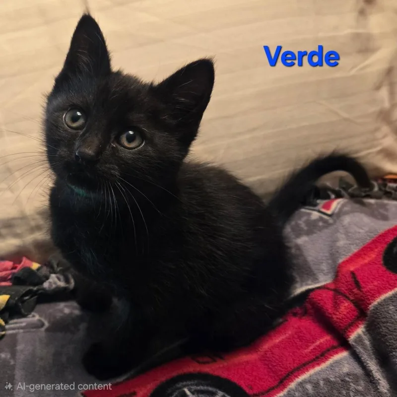 A baby small-sized male Black Domestic Short Hair cat named Verde for adoption in Coos Bay, OR