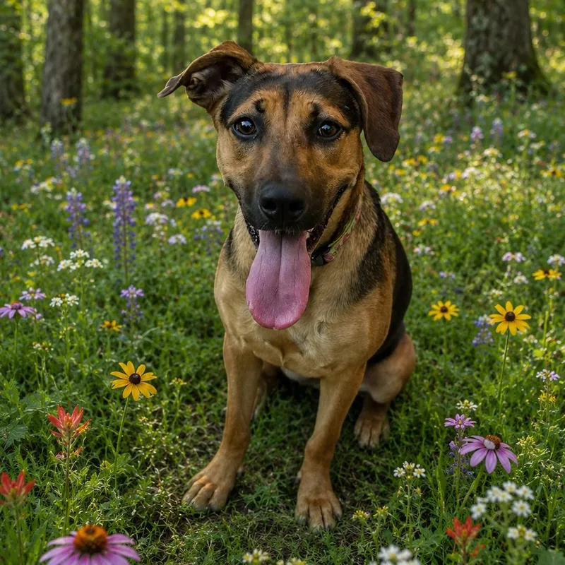 A young medium-sized female Bicolor Hound dog named Joanie for adoption in Baytown, TX