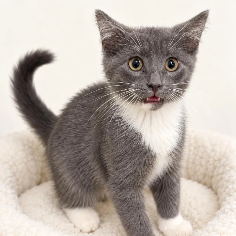 A baby small-sized female Gray / Blue / Silver Domestic Short Hair cat named Savannah for adoption in Redwood Falls, MN