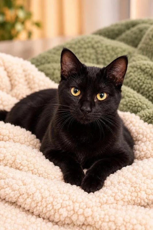 A young medium-sized female Black Bombay cat named Slinky for adoption in Knoxville, TN