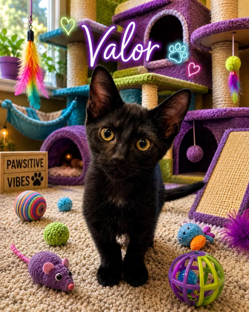 A baby medium-sized male Black Domestic Short Hair cat named Valor for adoption in West Pittston, PA