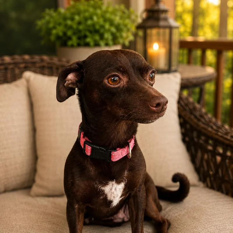 An adult small-sized female Brown / Chocolate Miniature Pinscher dog named Molly for adoption in Humble, TX