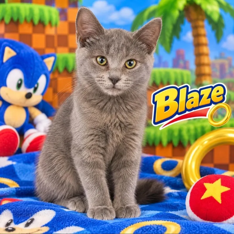 A baby small-sized female Gray / Blue / Silver Domestic Short Hair cat named Blaze for adoption in Quincy, OH