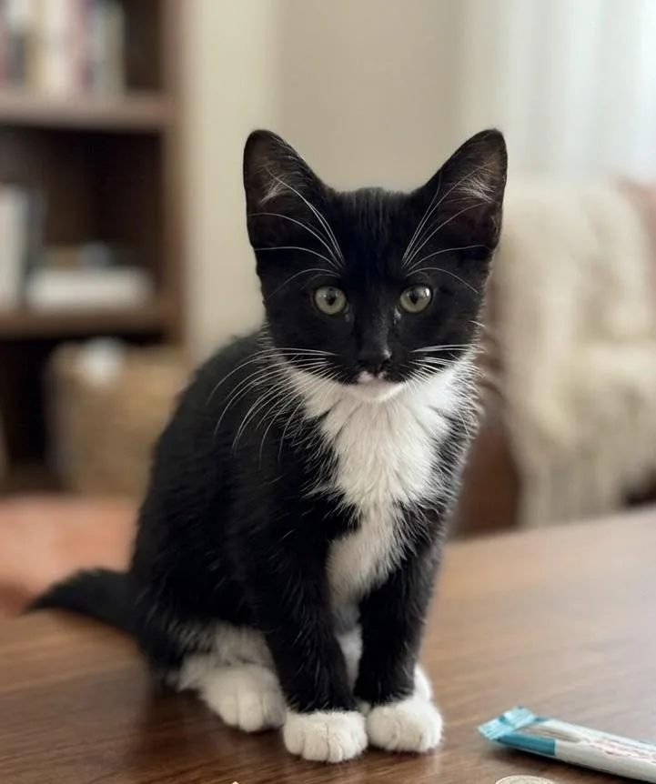 A baby small-sized female Black & White / Tuxedo Domestic Short Hair cat named Pebbles for adoption in Charlotte, NC