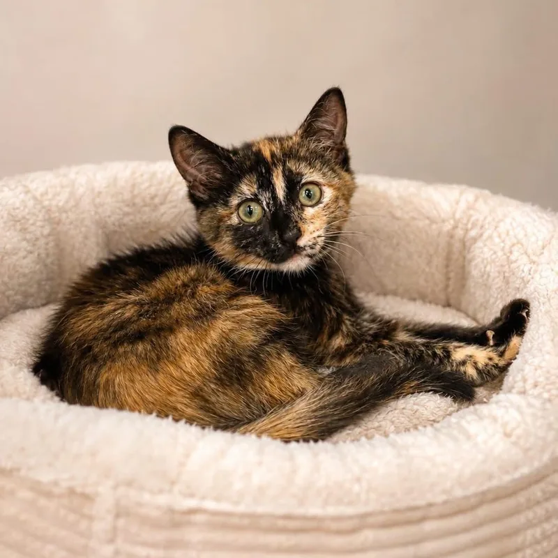 A baby medium-sized female Tortoiseshell Domestic Short Hair cat named Kate Mckinnon for adoption in Cranston, RI
