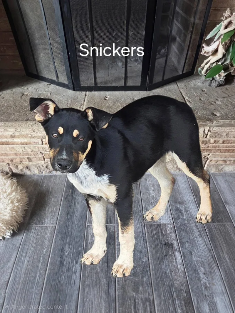 A young medium-sized male Bicolor Shepherd dog named Snickers for adoption in Mingus, TX