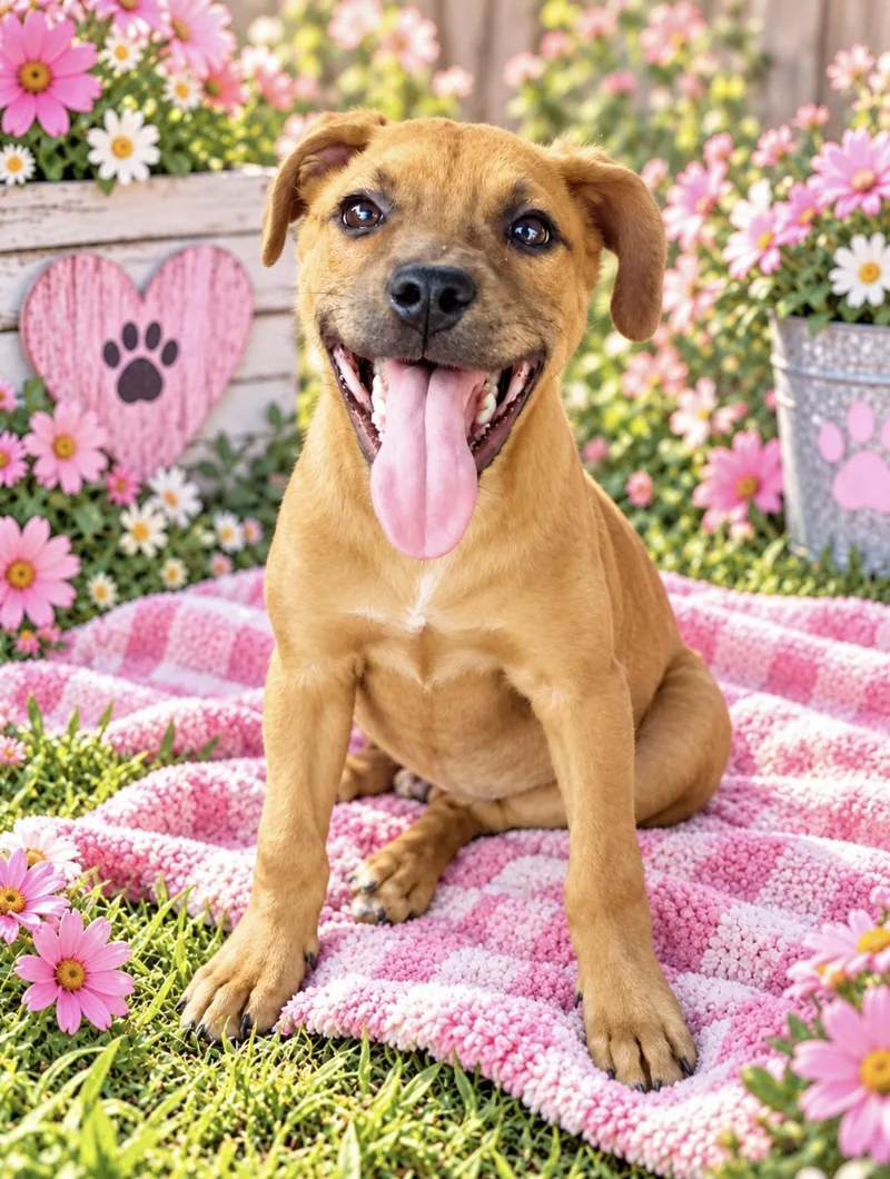 A baby medium-sized female Black Mouth Cur dog named Sophie for adoption in Helotes , TX