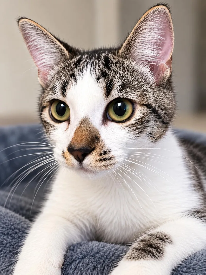 A baby medium-sized female Gray & White Tabby cat named Clementine H for adoption in Fresno, CA