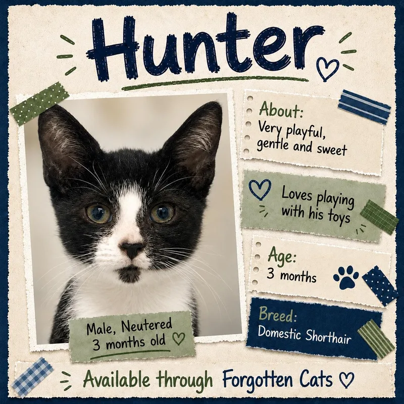 A baby medium-sized male Black & White / Tuxedo Domestic Short Hair cat named HunterC for adoption in Greenville, DE