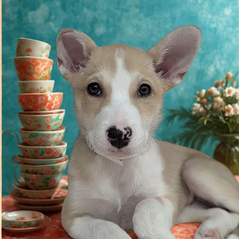 A baby medium-sized female Yellow / Tan / Blond / Fawn Husky dog named Chamomile for adoption in Ocala, FL