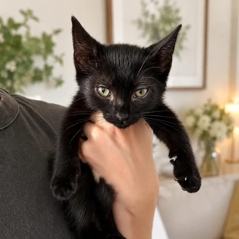 A baby small-sized female Black Domestic Short Hair cat named Ophelia for adoption in Tustin, CA
