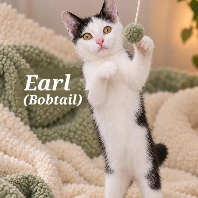 A baby medium-sized male Black & White / Tuxedo American Bobtail cat named Earl for adoption in Quincy, OH