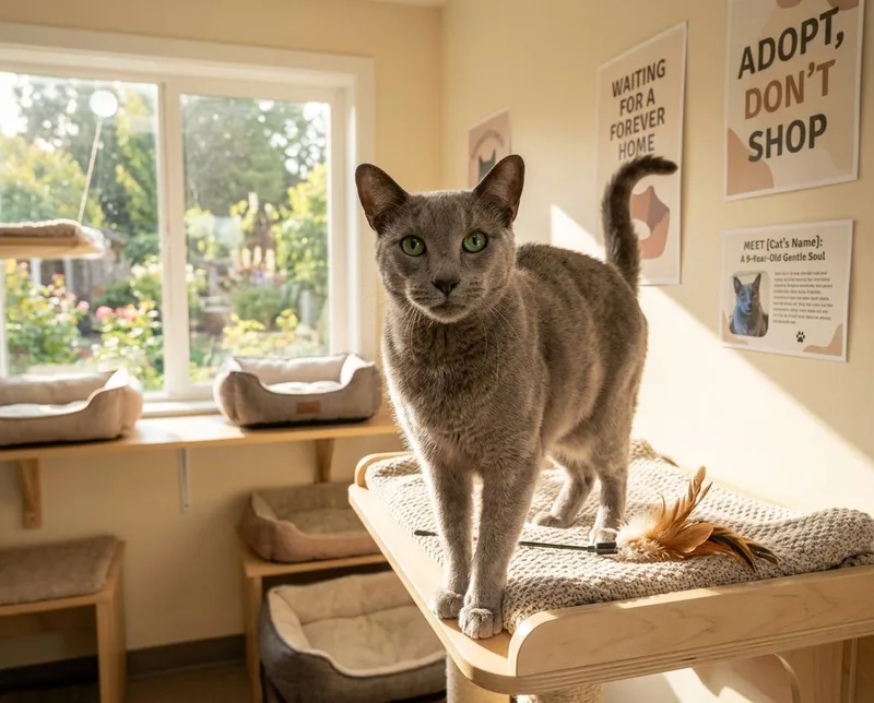 A senior medium-sized male Gray / Blue / Silver Russian Blue cat named Pretty Boy for adoption in Blairsville, GA