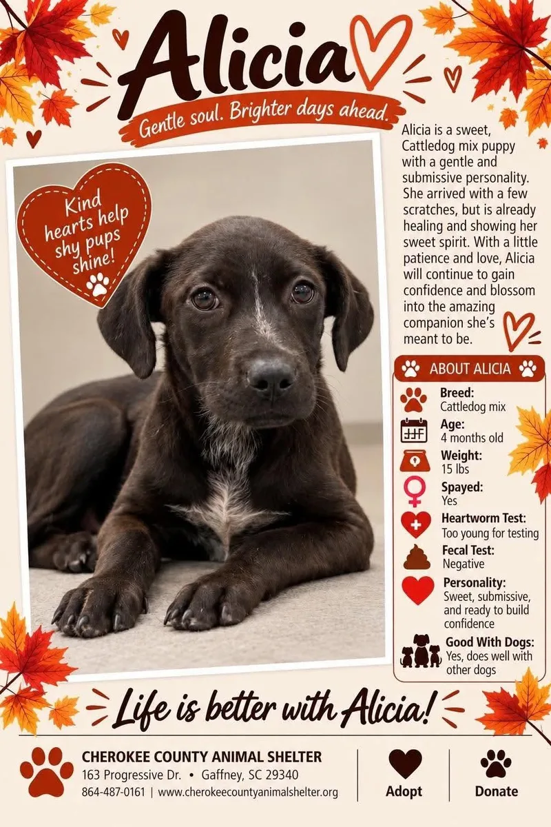 A baby medium-sized female Cattle Dog dog named Alicia for adoption in Holbrook, NY