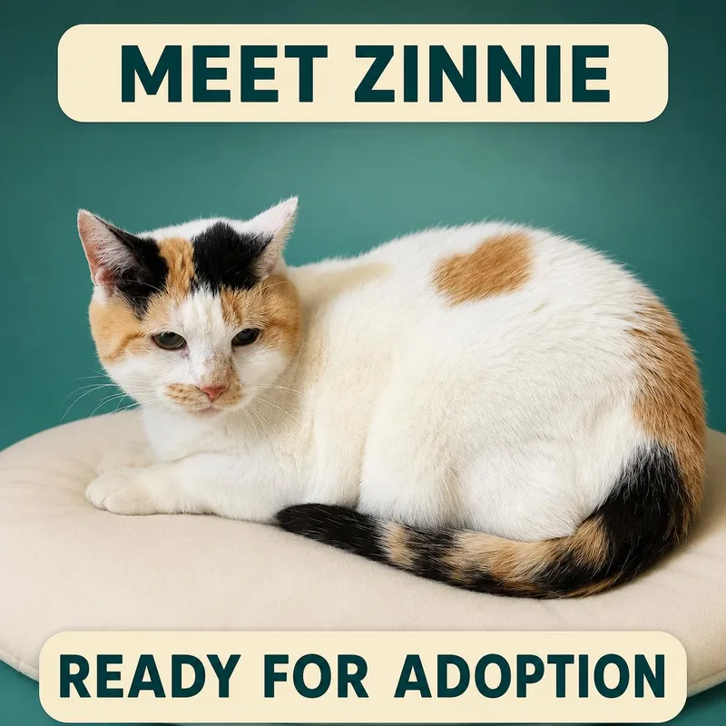 An adult medium-sized female Calico Domestic Short Hair cat named Zinnie for adoption in Marshall, MO