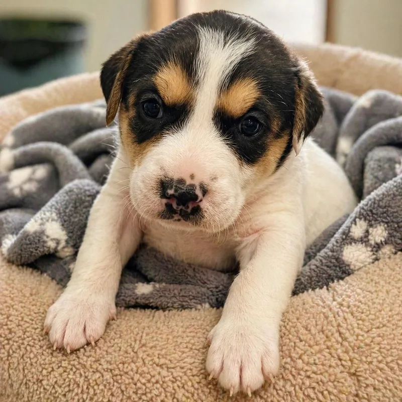 A baby medium-sized male Tricolor (Brown, Black, & White) Hound dog named Littlefoot for adoption in Cranston, RI