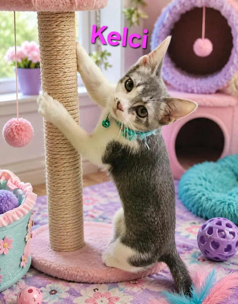 A baby small-sized female Gray & White Domestic Short Hair cat named Kelci for adoption in Dallas, TX