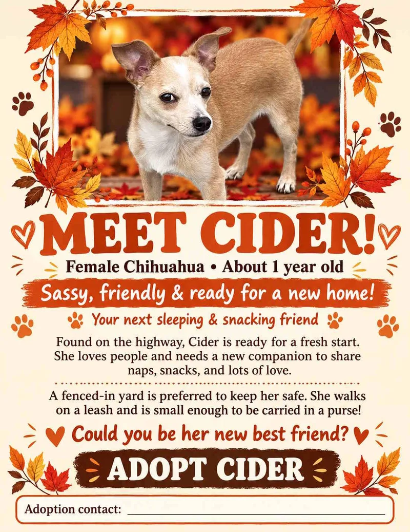 A young small-sized female Chihuahua dog named Cider for adoption in York, NE