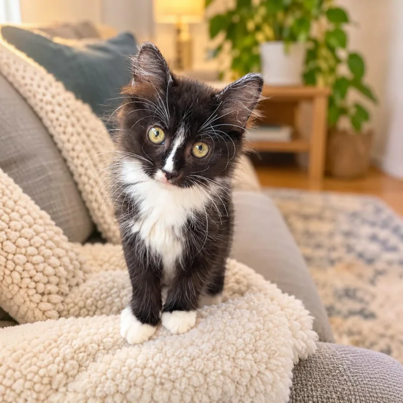 A baby medium-sized male Black & White / Tuxedo Domestic Medium Hair cat named Cicada for adoption in Fort Worth, TX