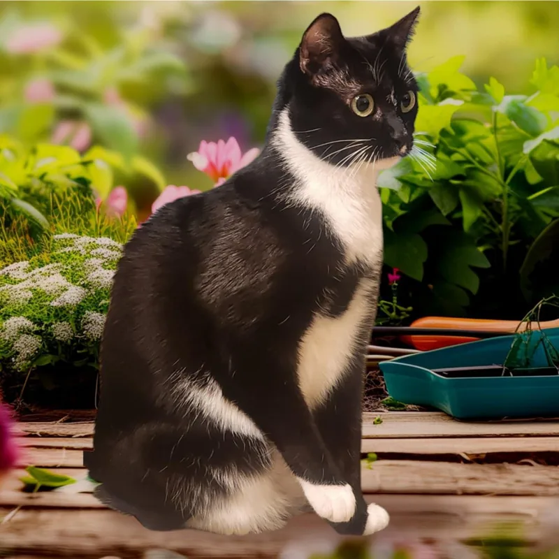 An adult large-sized female Tuxedo cat named Rhyme for adoption in Brentwood, CA