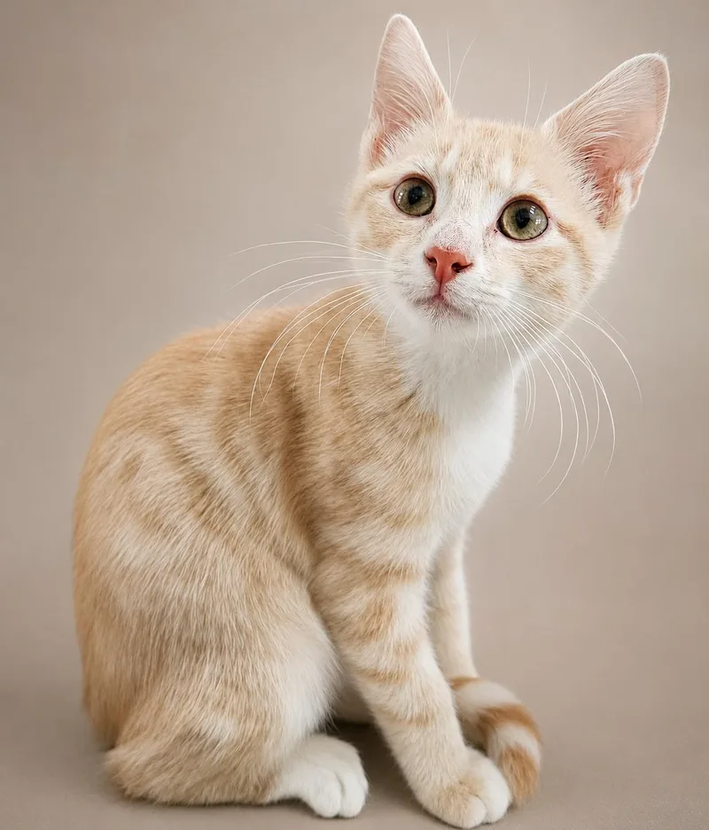 A baby medium-sized male Buff & White Domestic Medium Hair cat named Pudding for adoption in Myrtle Beach, SC