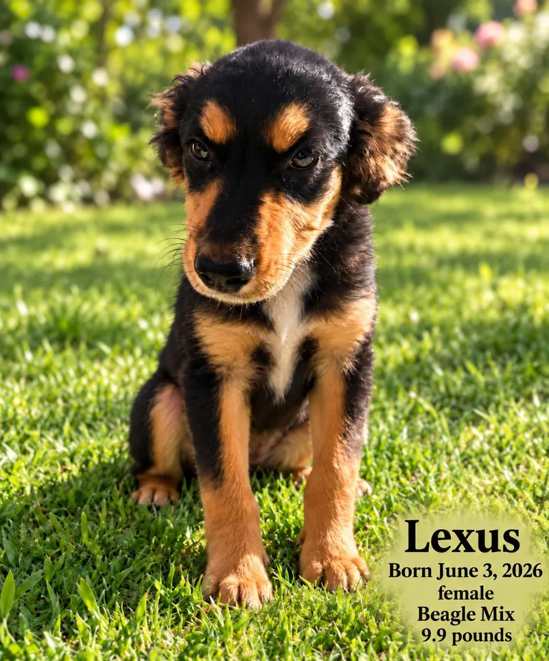 A baby medium-sized female Black Beagle dog named LEXUS MONTH for adoption in Mesa, AZ