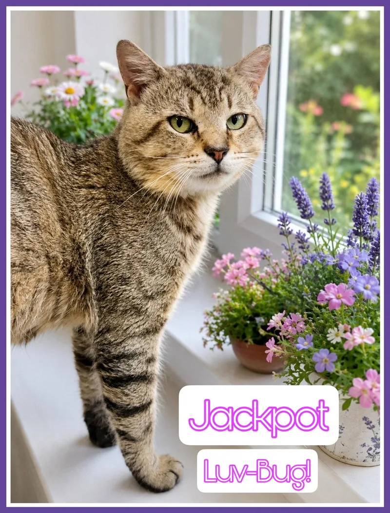 A young medium-sized male Tabby cat named Jackpot for adoption in Greenville, DE