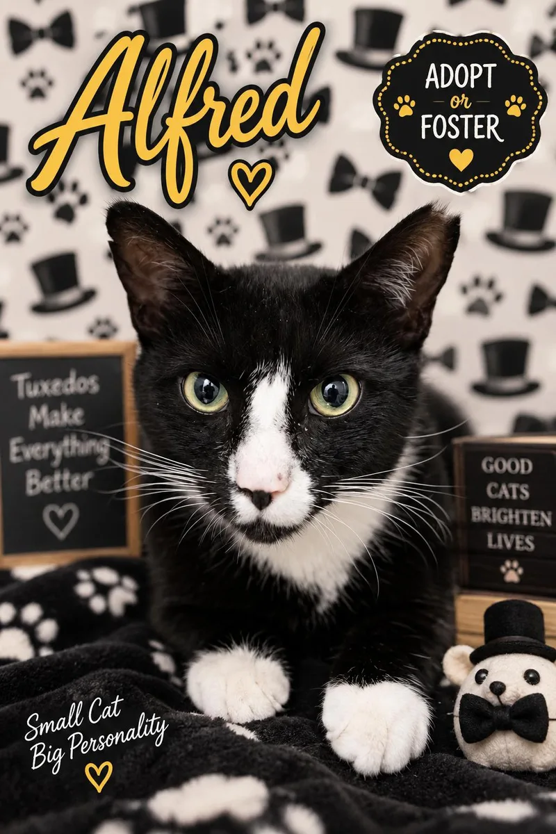 An adult large-sized male Tuxedo cat named Alfred for adoption in Greenville, DE