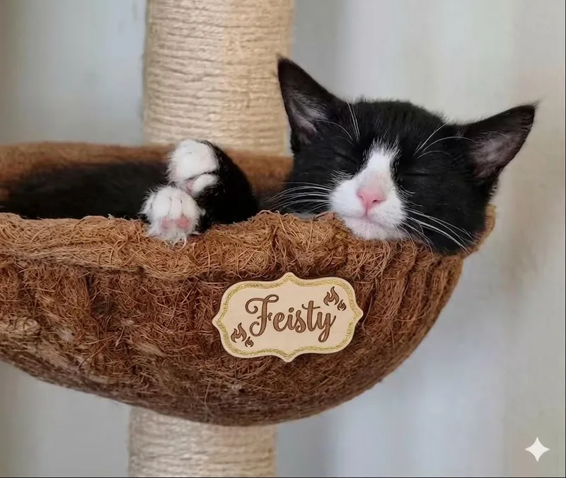 A baby medium-sized female Tuxedo cat named Feisty for adoption in Palmdale, CA
