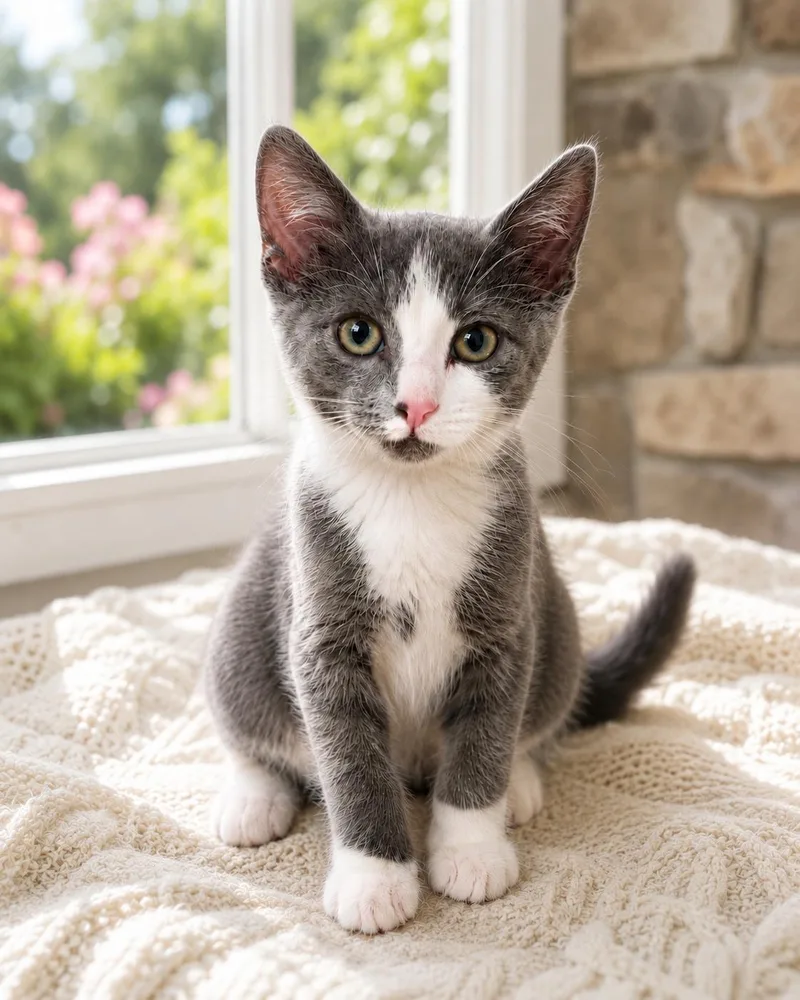 A baby medium-sized male Gray & White Domestic Short Hair cat named Sella for adoption in Hanover, PA