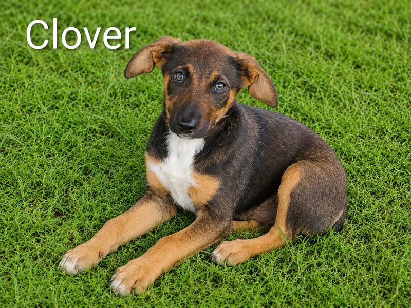 A baby extra large-sized female Tricolor (Brown, Black, & White) Poodle dog named Clover for adoption in Logansport, IN