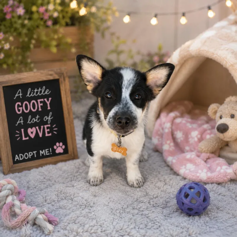 A baby small-sized female Black Australian Cattle Dog / Blue Heeler dog named Izzy for adoption in Phoenix, AZ